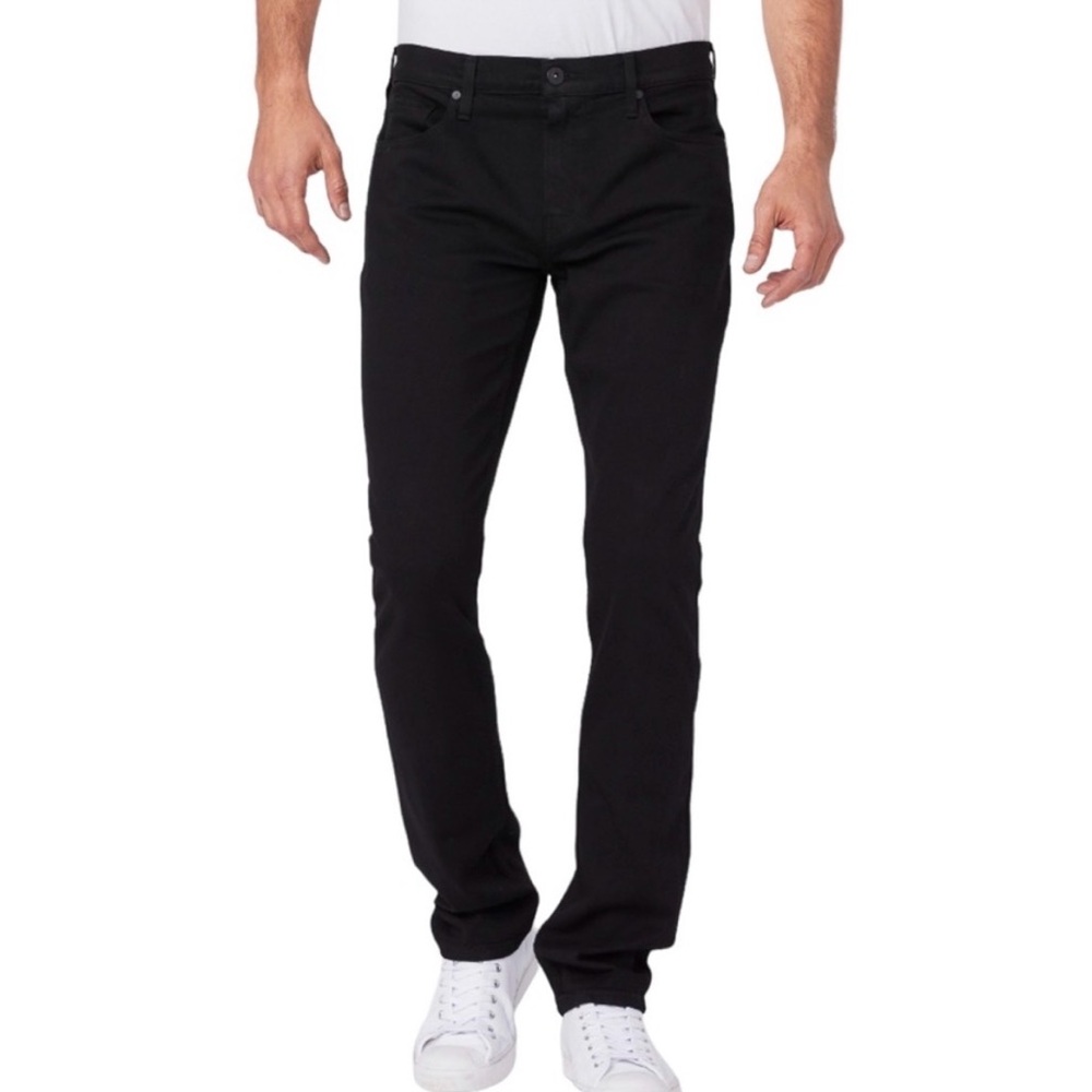 Paige Federal Slim Straight Black Pants in Black Shadow.